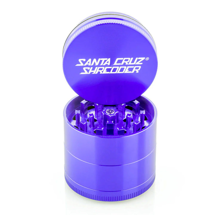 Purple Medium 4 Piece grinder with lid off.